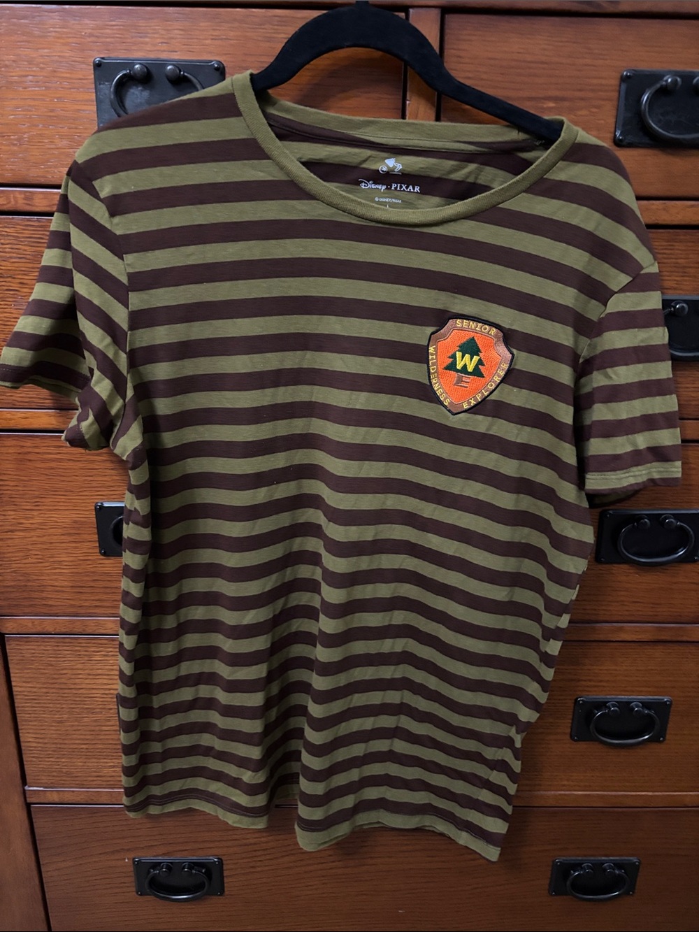 Disney Pixar UP Olive & Brown Striped Crew Tee Embroidered Crest